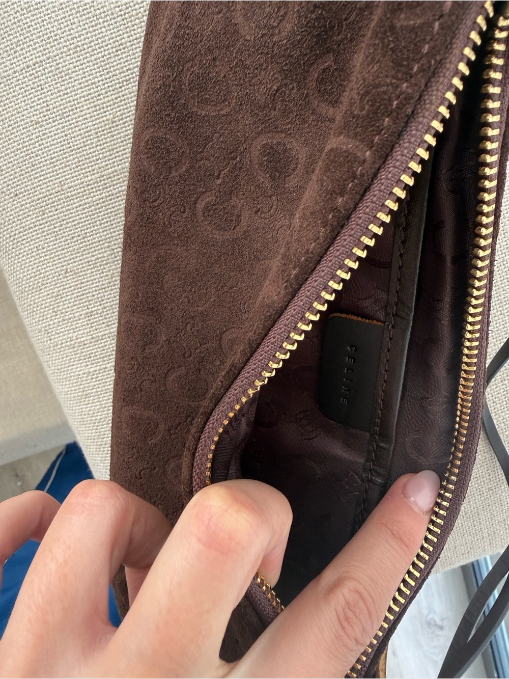 Celine Dark Brown Suede Shoulder Bag with Gold Hardware - Picture 6 of 8